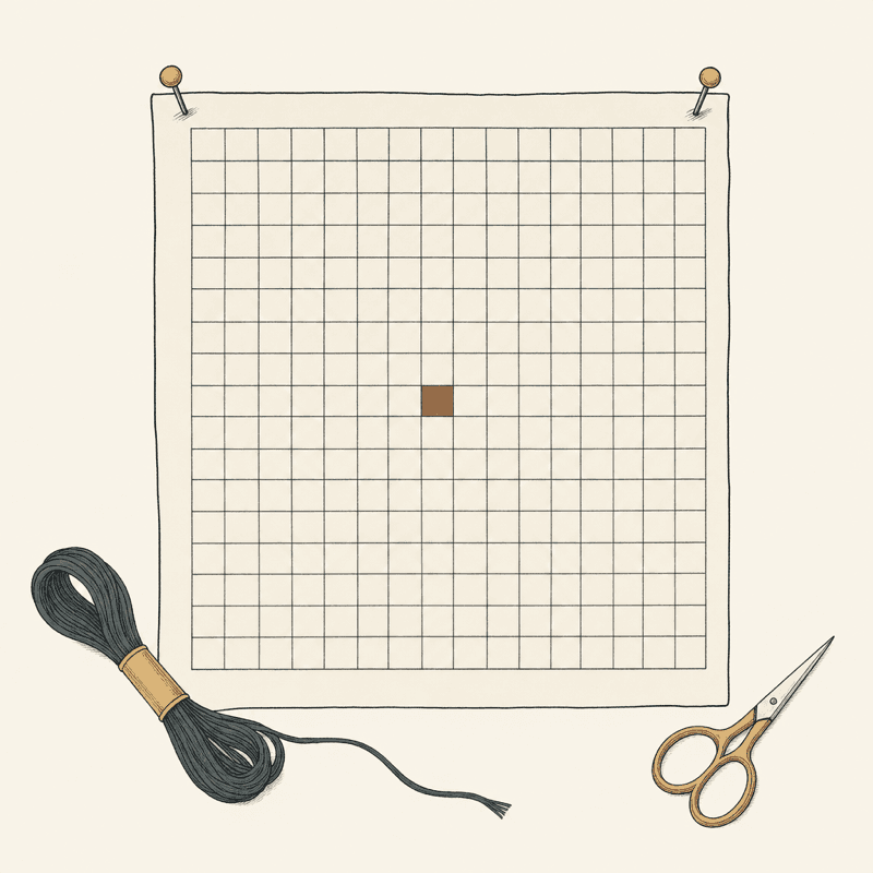Illustration of a blank stitch chart pinned to a wall, with yarn and scissors nearby