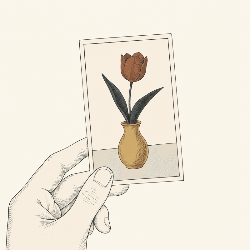 Illustration of a hand holding a small photograph of a tulip