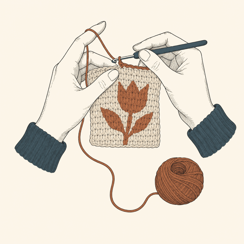 Illustration of hands crocheting a small colorwork fabric patch