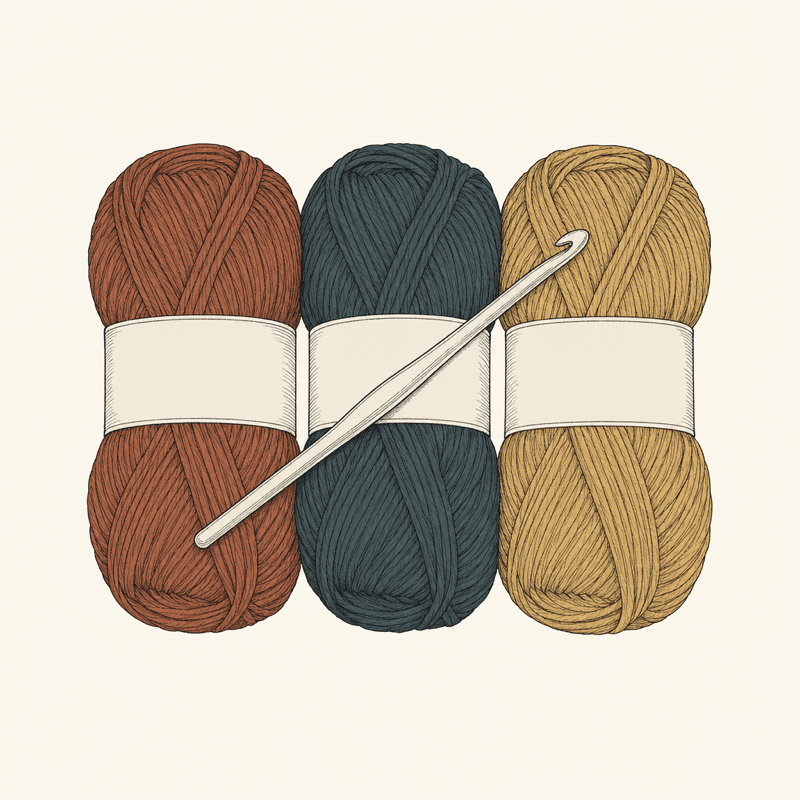 Illustration of three yarn skeins with a crochet hook resting on them