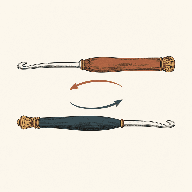 Illustration of two crochet hooks with swap arrows between them