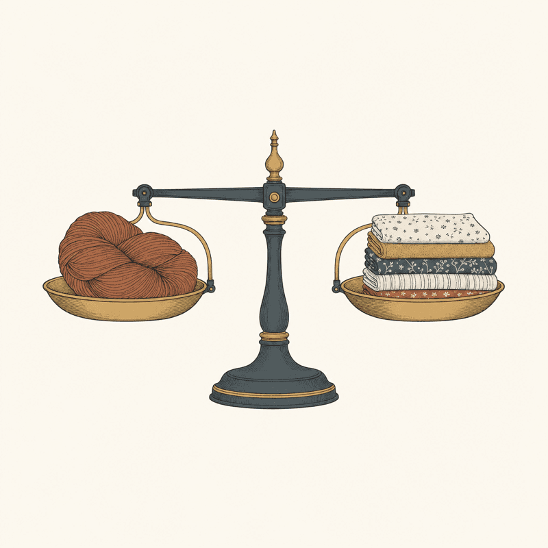 Illustration of a balance scale weighing a yarn skein against fabric squares