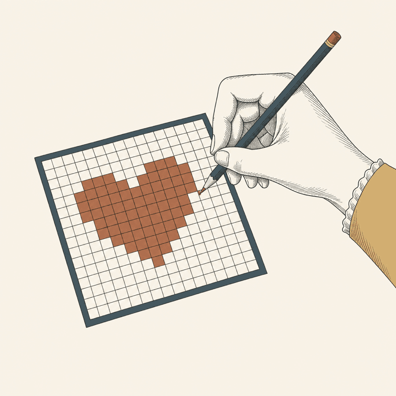 Illustration of a hand drawing a heart motif on a stitch chart grid with a pencil