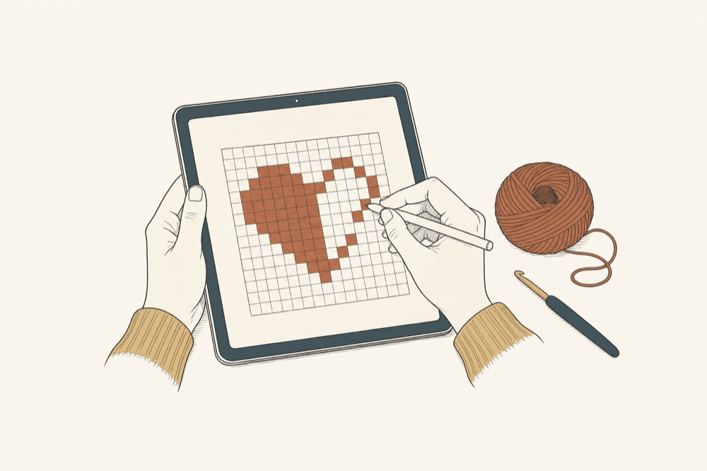 Illustration of hands drawing a heart stitch chart on a tablet with a stylus, yarn and hook beside it